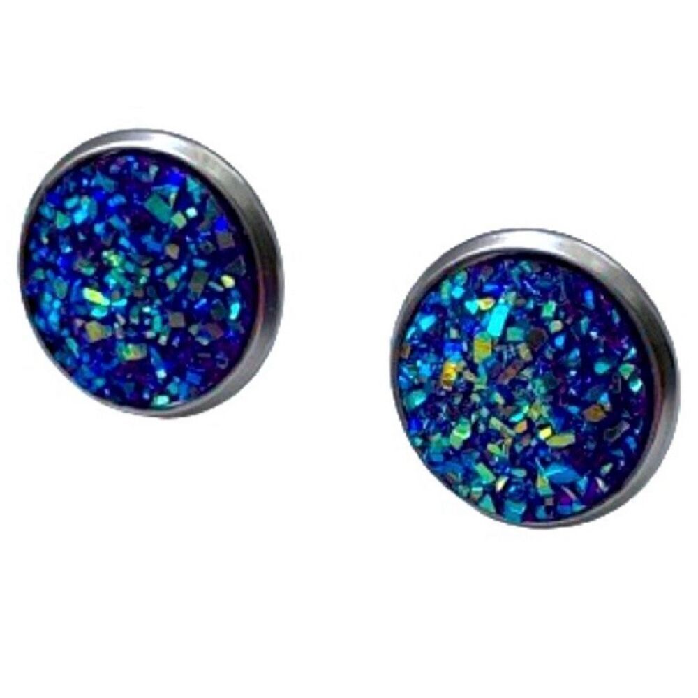 Titanium Blue Iridescent Prism Crystal Stud Earrings Silver Tone